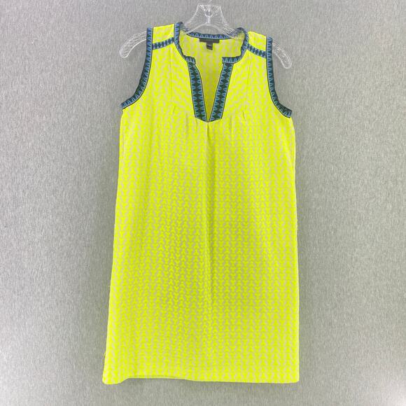 J Crew Neon Yellow Blue Arrow‎ Print Sleeveless Round V Neck Shift Dress Sz 00 - Picture 1 of 6